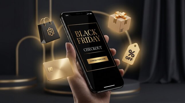 Smartphone displays a Black Friday checkout screen while being held in a hand surrounded by floating shopping icons and gift boxes.