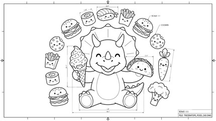 Cute triceratops holding ice cream and taco surrounded by fast food and vegetables CAD technical drawing blueprint line art © Nurjahan