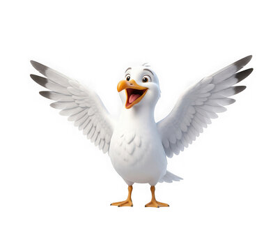 A cute cartoon seagull with wings spread wide isolated on transparent background