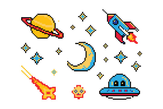 Pixel space exploration set featuring planets rocket moon stars and ufo in a retro 8-bit game style for digital projects