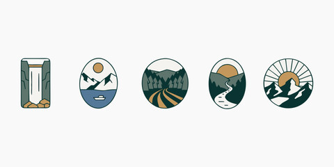 Set of line art nature landscapes icons with mountains, lakes, forests, and waterfalls, suitable for outdoor and travel themes © Sadhin07