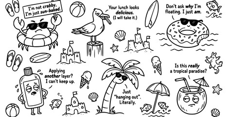 Fototapeta premium Funny Summer Beach Characters with Sarcastic Humor – Hand-Drawn Comic Doodle Vector Set