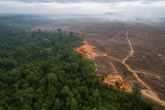 Deforested Land Next to Tropical Rainforest in Indonesia Showing Environmental Destruction