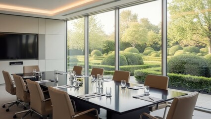 Fototapeta premium Modern conference room with large overlooking a manicured garden during daytime