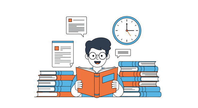 Young school boy with glasses reading an orange textbook happily amidst tall stacks of colorful books and a clock.