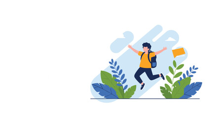 Naklejka premium Happy schoolboy with a backpack jumping high in the air between green bushes to celebrate the start of school vacation.