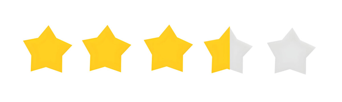Customer feedback concept displaying three full yellow stars and one half star icon graphic.