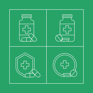 Medical bottle icon with capsules and tablets for healthcare app graphic