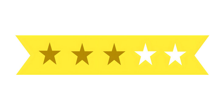 ​Three star rating banner icon with yellow ribbon isolated on a clean white background.