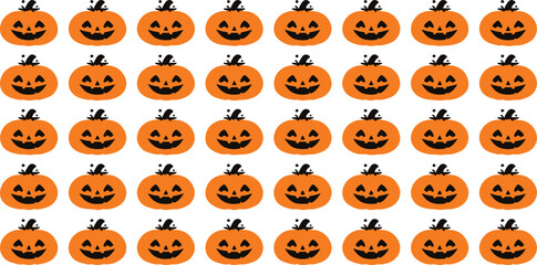 Obraz premium Halloween Pumpkin Seamless Pattern Background with Cute Jack O Lantern Icons, Orange Autumn Holiday Symbols and Cartoon Smile Faces Vector Illustration Design for Spooky Celebration Wallpaper.