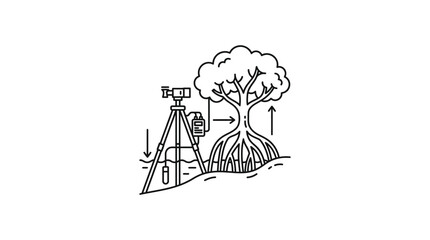 Elegant Black and White Line Drawing of Tree Measurement Using Surveying Equipment and Soil Analysis © MAYLINA