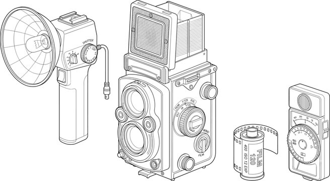 Vintage photography equipment line art set with twin lens reflex TLR camera, flash bulb attachment, 120 medium format roll film