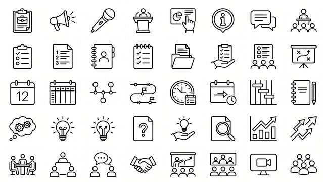 Business line art icons set. Professional office symbols for corporate project management.