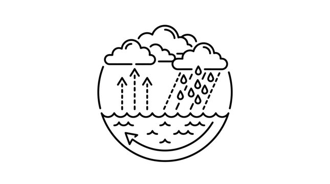 Industrial Black and White Line Drawing of the Water Cycle Process with Clouds Rain and Evaporation Arrows