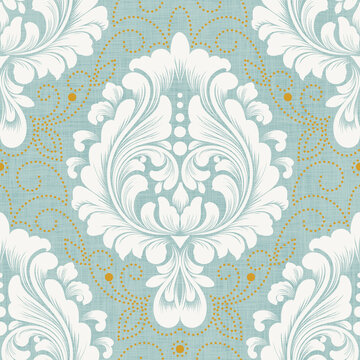 Light Aqua Damask Seamless Pattern with Golden Dotted Lattice
