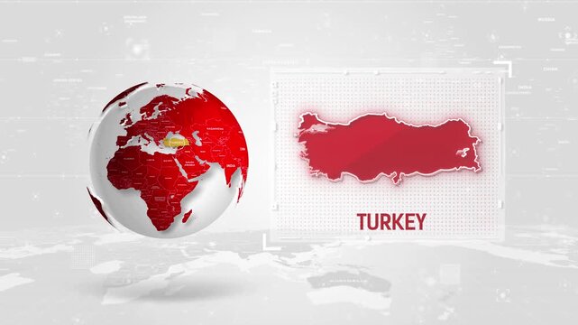 Turkey 4K Tech Map Beside Globe On White Background.