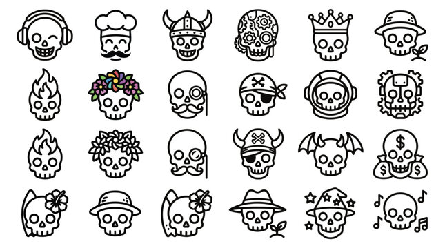 Various human skull icons with diverse accessories and costumes in clean line art style skeleton character accessory collection illustration creative halloween isolated