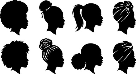 Black woman silhouette profile set, African American female heads with natural hairstyles, 8 vector icons of diverse afro hair textures
