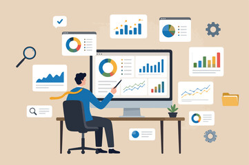 Fototapeta premium Data analytics, research or analysis graph and chart diagram, statistics report, datum or financial analysis, marketing for website, optimization concept, businessman analyze data monitor screen
