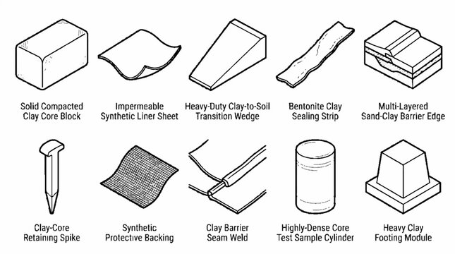 A collection of ten isometric technical illustrations depicting various clay and synthetic construction components.
