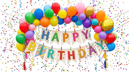 Obraz premium Happy birthday banner with colorful balloons and confetti isolated on transparent background