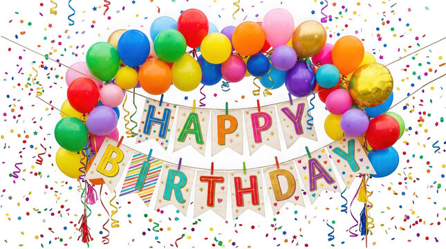 Happy birthday banner with colorful balloons and confetti isolated on transparent background