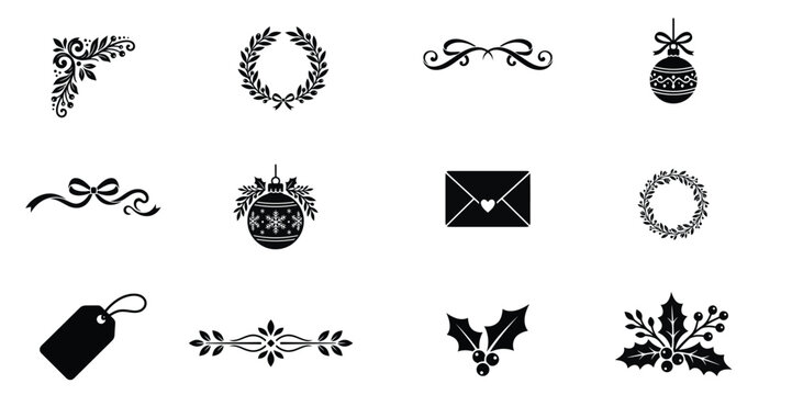 A collection of black silhouette icons featuring various christmas elements like wreaths holly ornaments and decorative borders for holiday design projects isolated