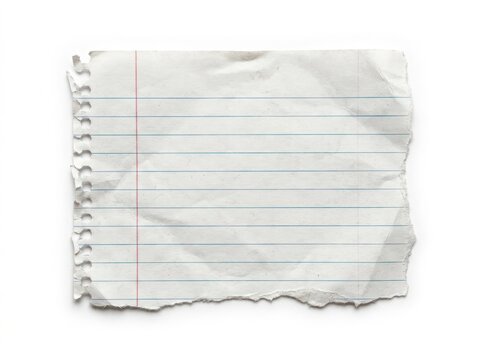Crumpled torn lined notebook paper sheet with ragged edges and holes isolated on white background