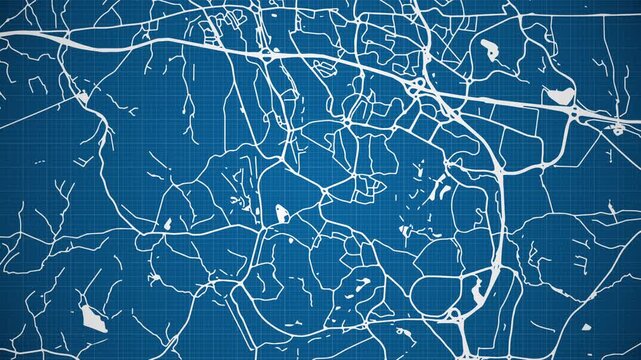 Ink reveal animation of Telford city, Shropshire, England, United Kingdom, grid map. Aerial top view. Blueprint style. White lines with blue background. 4K Seamless loop.
