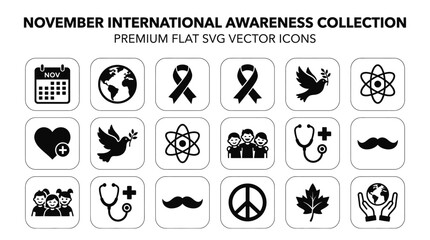 Fototapeta premium November international health and social awareness vector icon set featuring flat black symbols for charity events and global campaigns