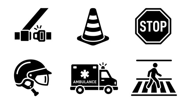 Safety and Transportation Icons Set Featuring Seatbelt, Traffic Cone, Stop Sign, Helmet, Emergency Vehicle, and Pedestrian Crosswalk Symbols