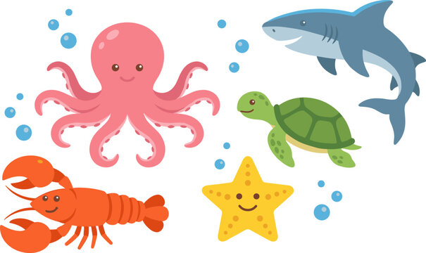 Cute sea animals set with octopus, shark, sea turtle, lobster, and starfish vector illustration