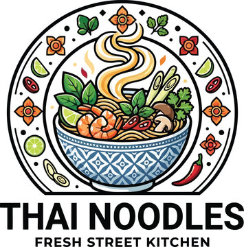 Thai noodles fresh street kitchen logo design with bowl and herbs