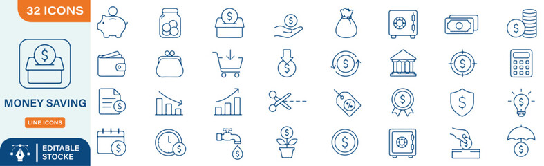 Fototapeta premium 32 Money Saving Vector Outline Icons Set – Piggy Bank, Personal Finance, Budgeting, Investment, Savings Box and Wealth Management Line Symbols Collection