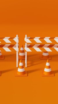 High angle traffic cones and safety barrier in orange on a orange background for road safety and construction warning. Vertical video.