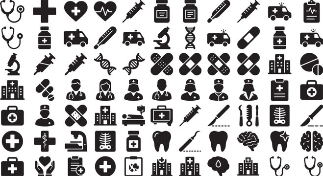 Medical and Healthcare Black Glyph Symbols Collection