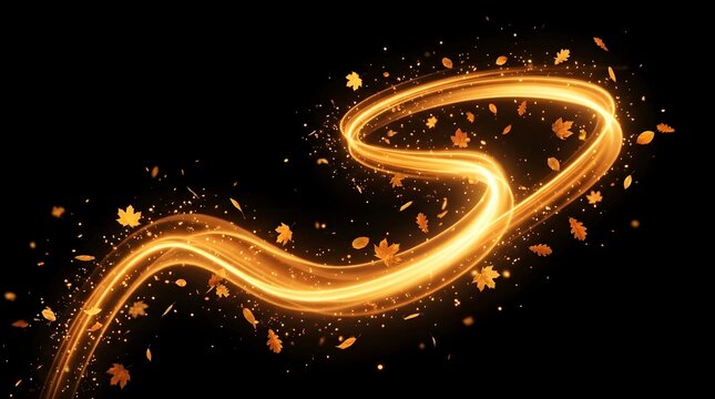 Golden light trail with autumn leaves. Swirling glowing particles and fall foliage effect.