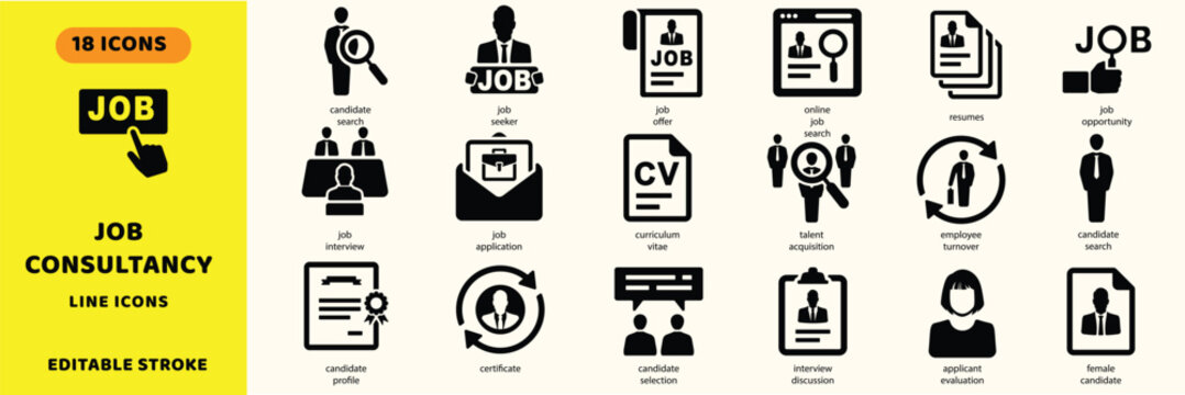 Job consultancy vector icons. Employment recruitment vector signs set. Job search icon. Job offer icon.
