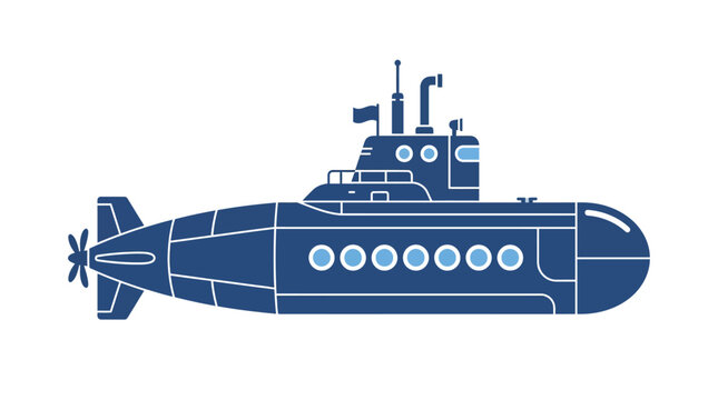 Blue submarine underwater vessel with propeller and periscope.