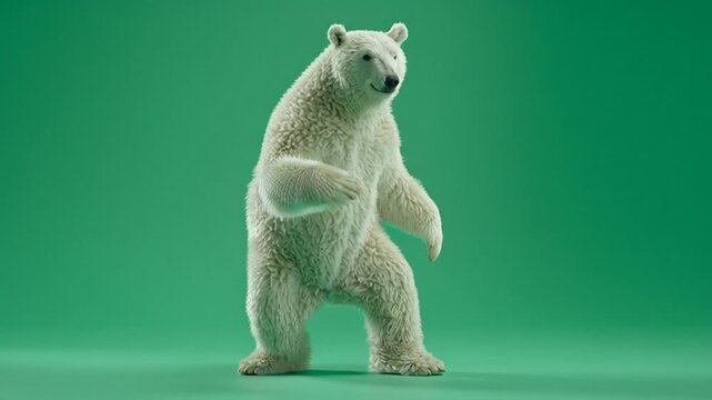 An animated white polar bear dancing and waving its paws against a green screen background; a funny and cheerful character for an entertaining animated mascot design.