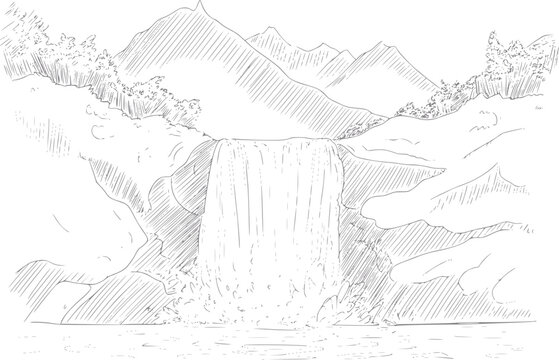 岩だらけの山の頂の間を流れる風光明媚な滝を描いた手書きイラスト