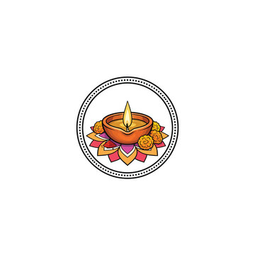 Traditional Lit Diya Oil Lamp For Diwali Celebration With Intricate Rangoli Designs, Vibrant Flowers, And A Decorative Circular Dotted Border, Festive Vector Illustration