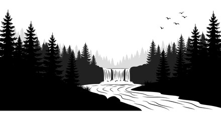 Forest Landscape With Waterfall And Birds Black Silhouette © sakib