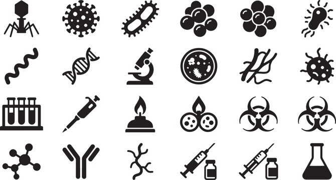  Microbiology and Laboratory Black Glyph Symbols Collection