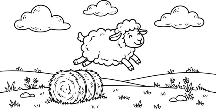 Cute Sheep Coloring Page, Jumping Farm Animal Vector Outline Illustration