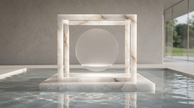 Square marble frame with circular glass insert standing in water pool