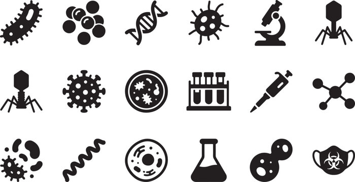 Microbiology and Laboratory Black Glyph Symbols Set