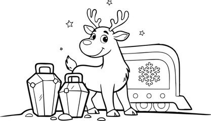 Fototapeta premium Friendly reindeer with luggage near a winter train for coloring page