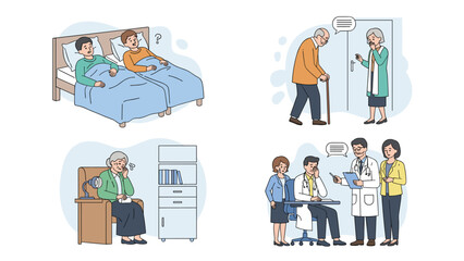 Fototapeta premium Vector illustration set of elderly people experiencing health issues, sleeping problems, and visiting the doctor.