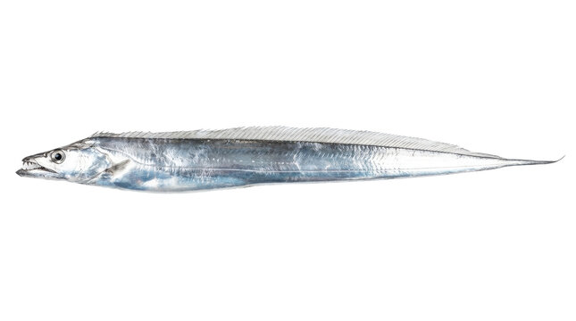 Frostfish specimen studio photograph with detailed scales and fins on transparent background deep sea fish elongated silver